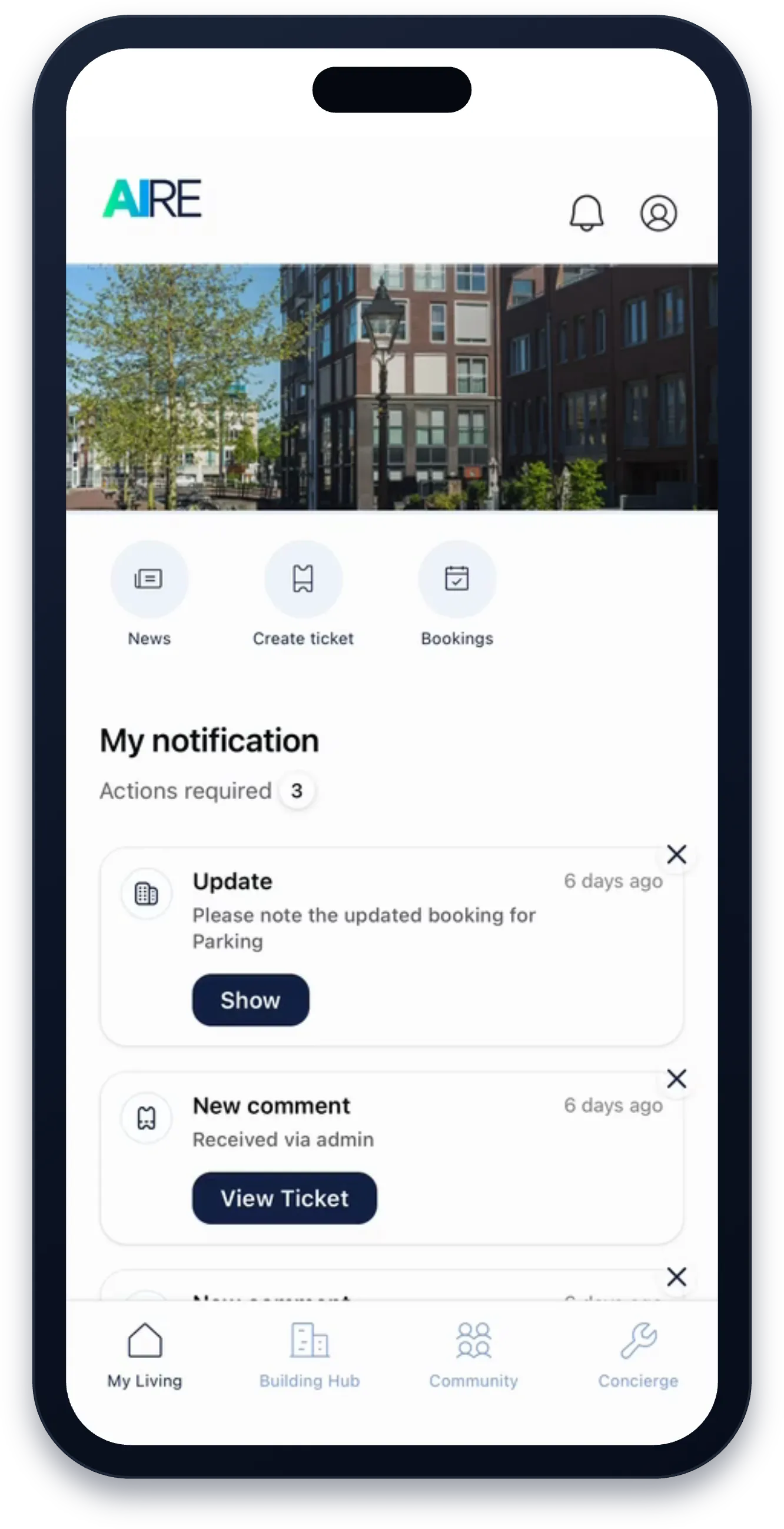 AIRE tenant app home screen