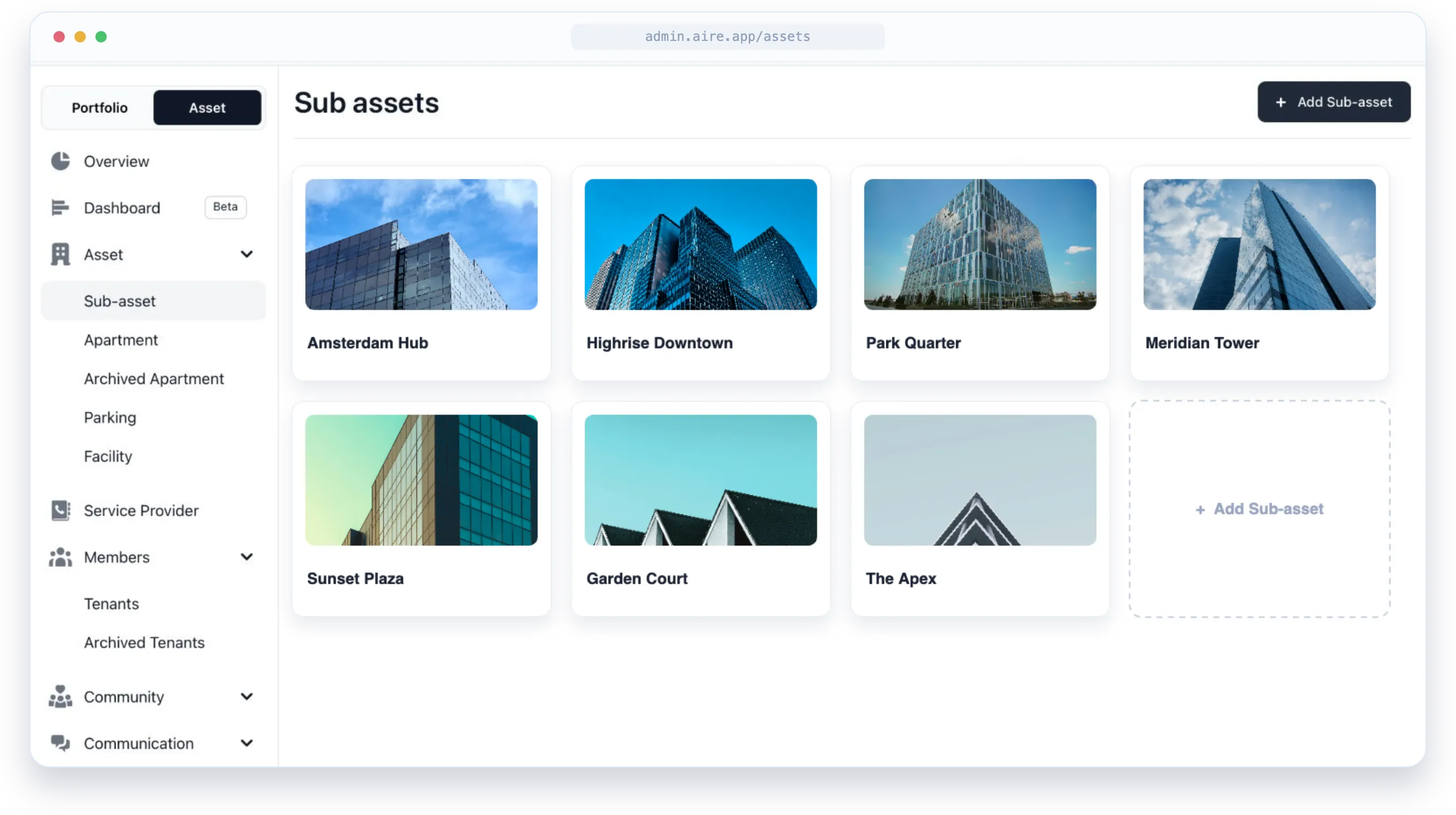 Real estate portfolio and asset management screen in AIRE property management software