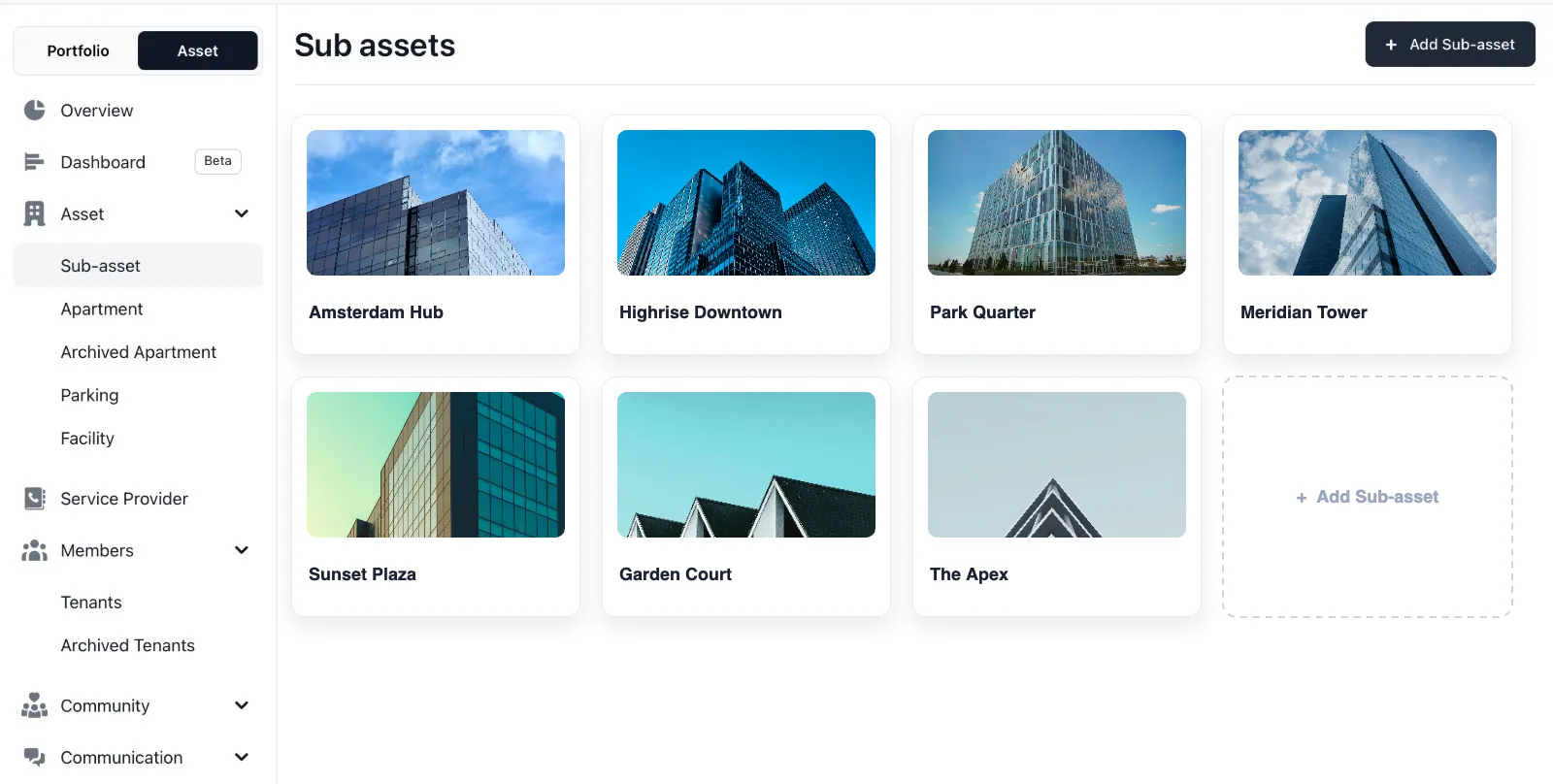 AIRE asset view showing eight distinct buildings across a single portfolio