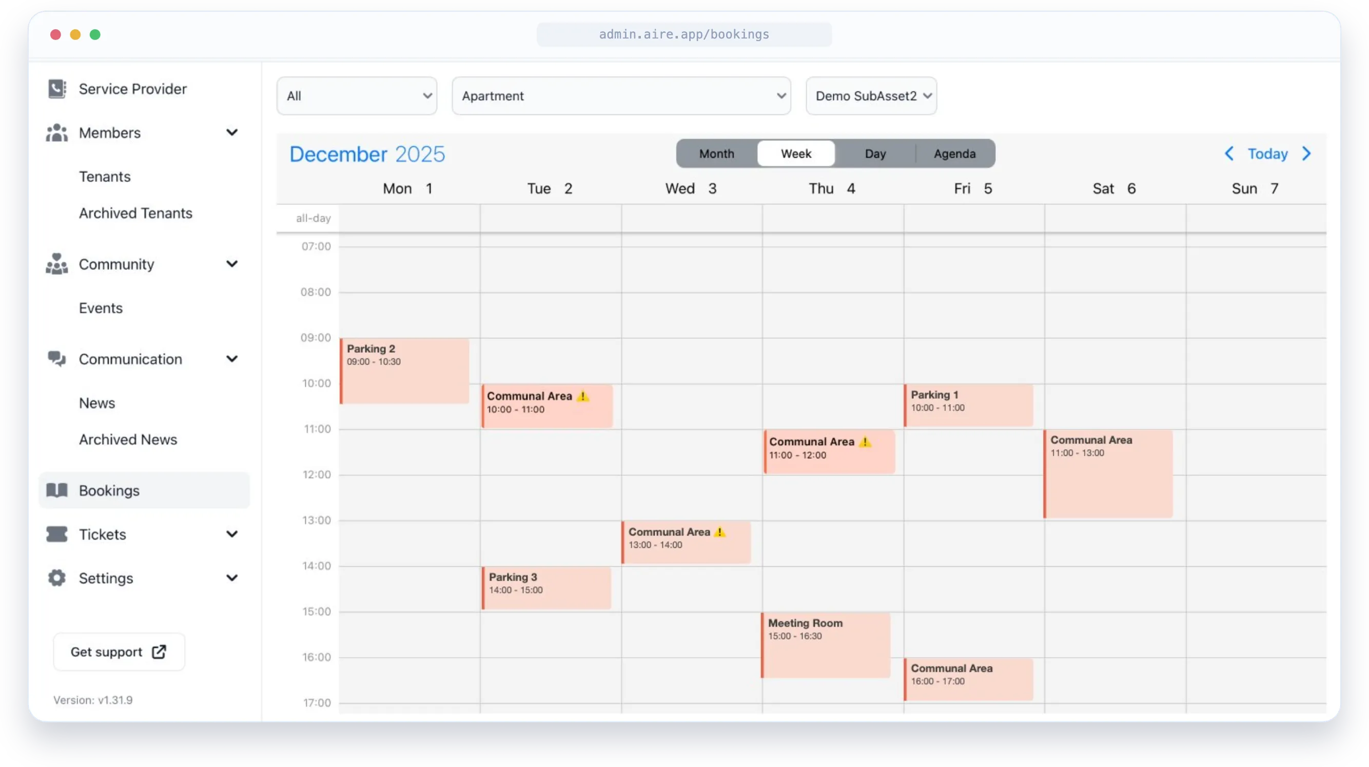 Facility and amenity booking calendar in AIRE property management software