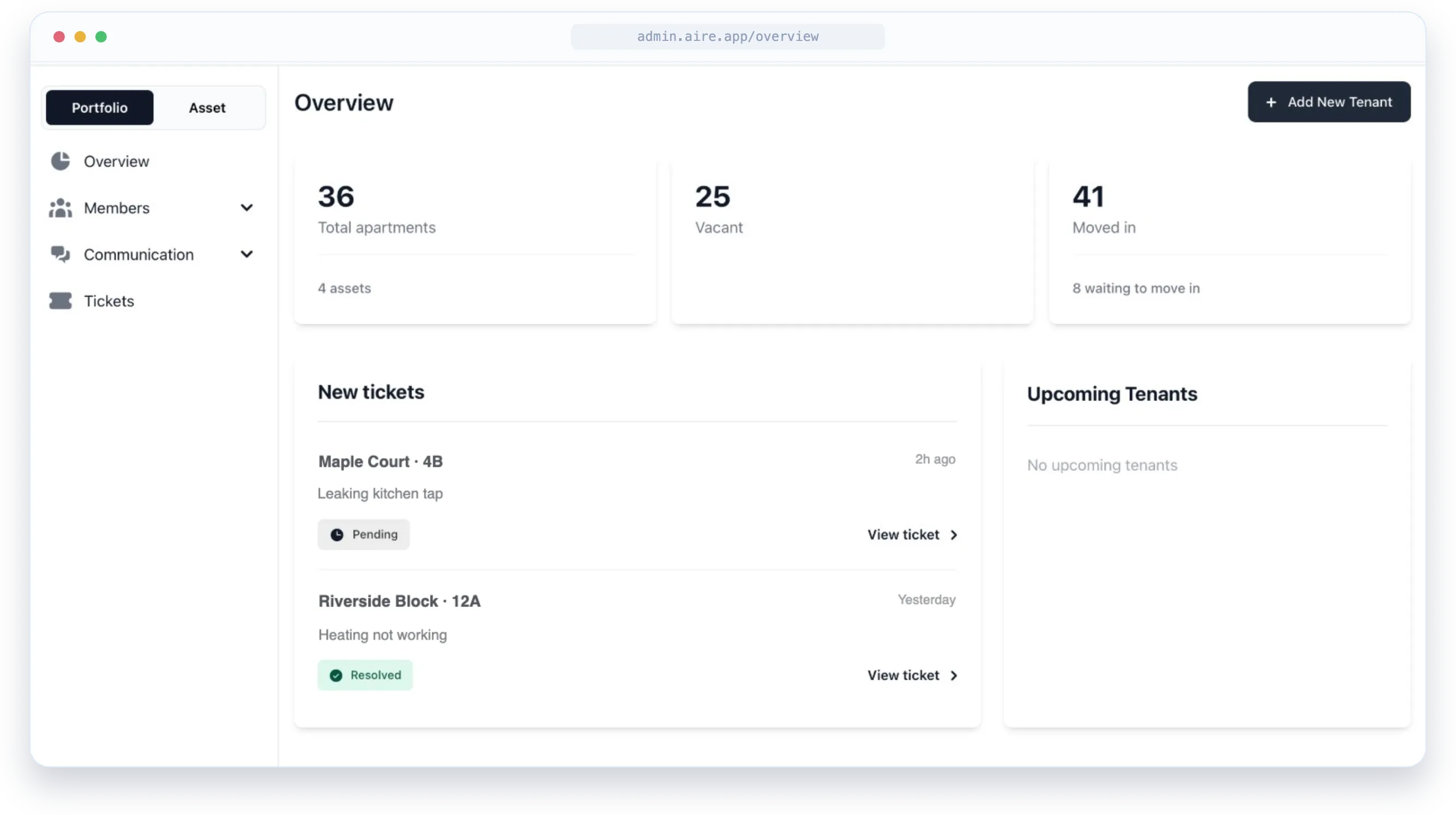 AIRE property management platform: full operations dashboard with sidebar navigation, portfolio stats, and ticket overview