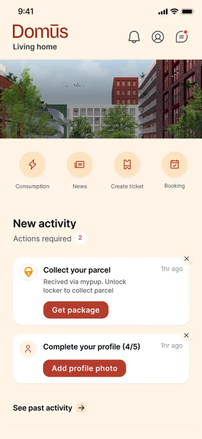 The Domūs resident app home screen, with Consumption alongside News, Create ticket, and Booking