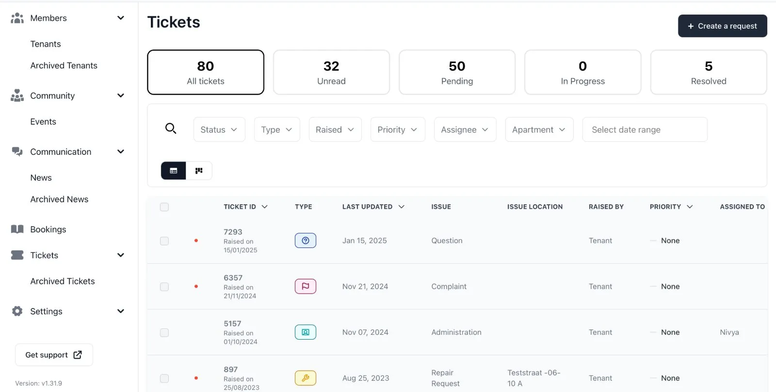 AIRE maintenance dashboard with property sidebar and tracked tickets