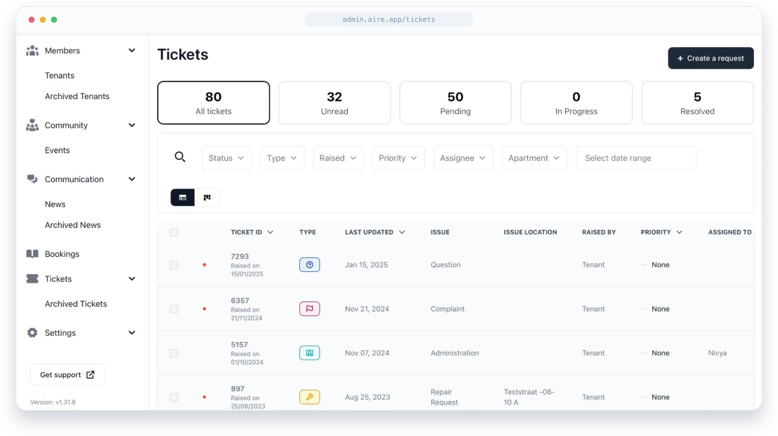 Maintenance ticket tracking with statuses, priorities and assignees in AIRE property management software