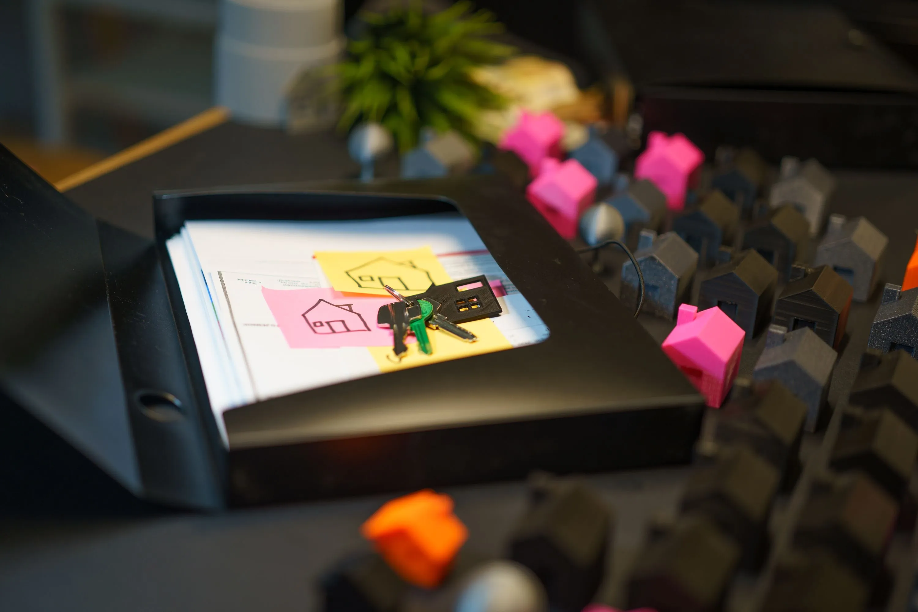 Keys and a binder of rental property documents on a desk, with a row of small house models behind it, representing a landlord managing multiple rental properties