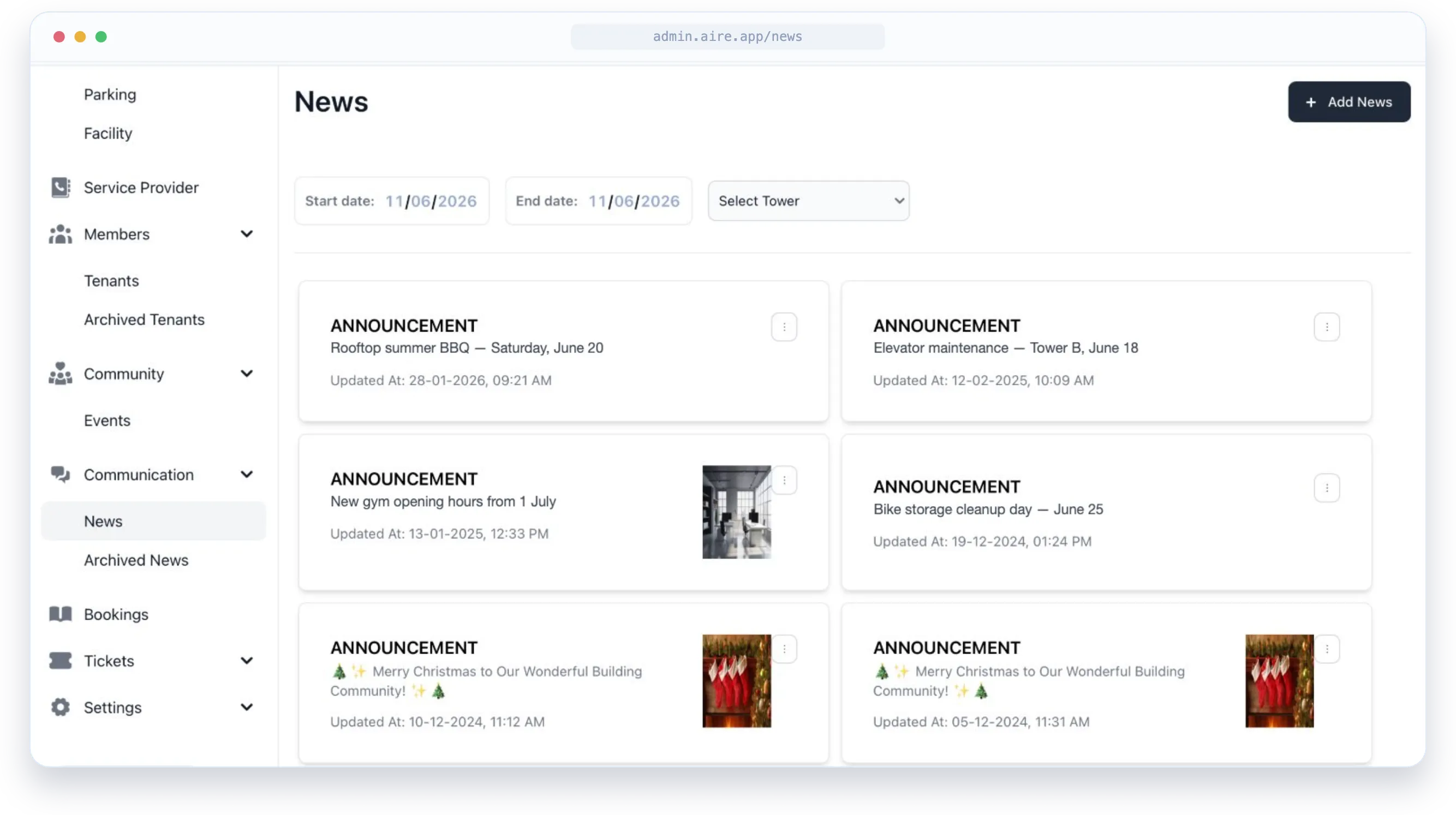 Tenant communication — news and announcements dashboard in AIRE property management software