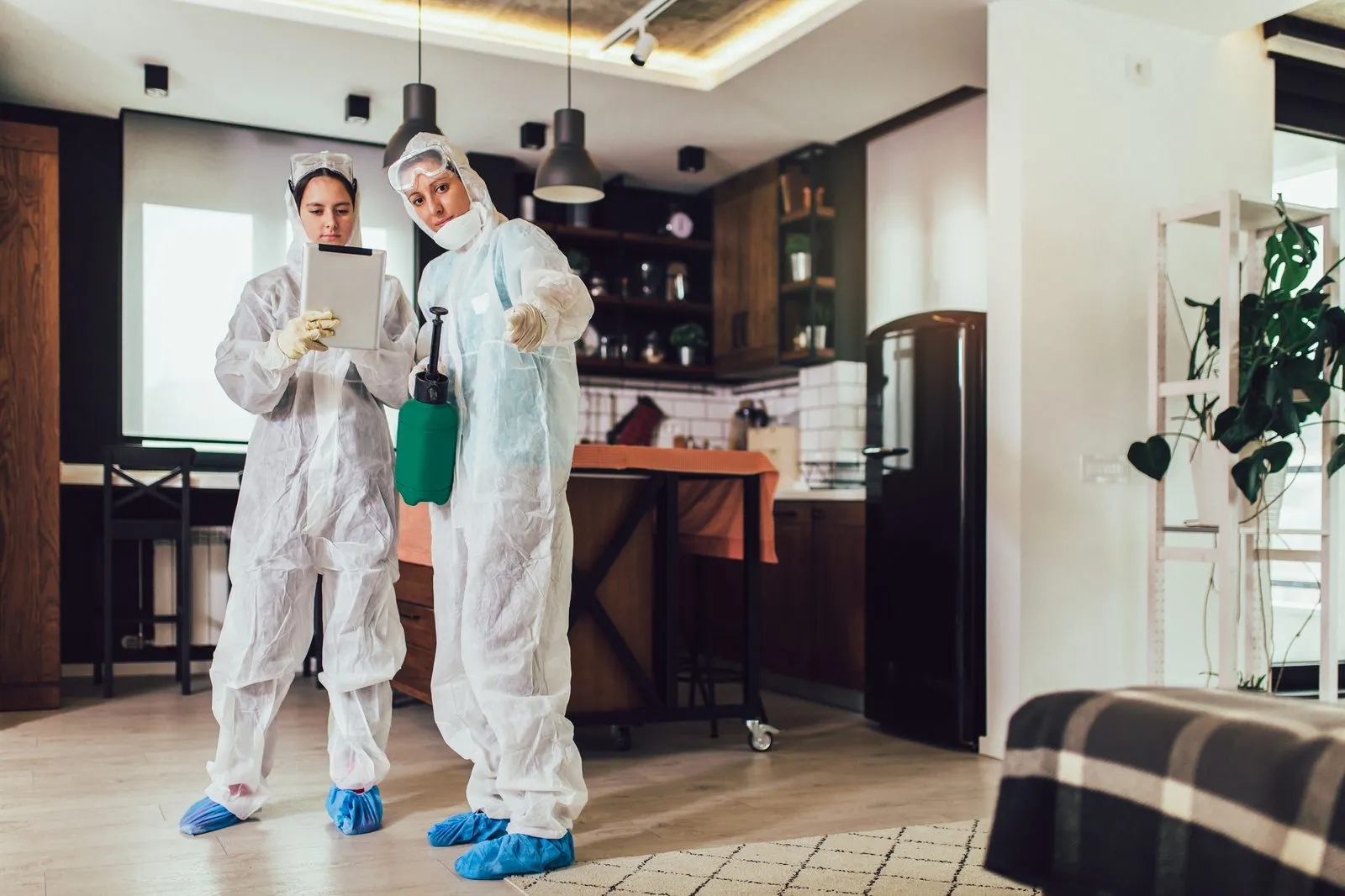 Two pest control specialists in white protective coveralls, gloves, and shoe covers standing in an apartment living area, one holding a tablet and the other a sprayer canister