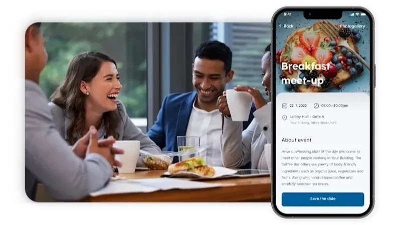 Colleagues laughing over coffee at a building breakfast meet-up, next to a tenant app event screen
