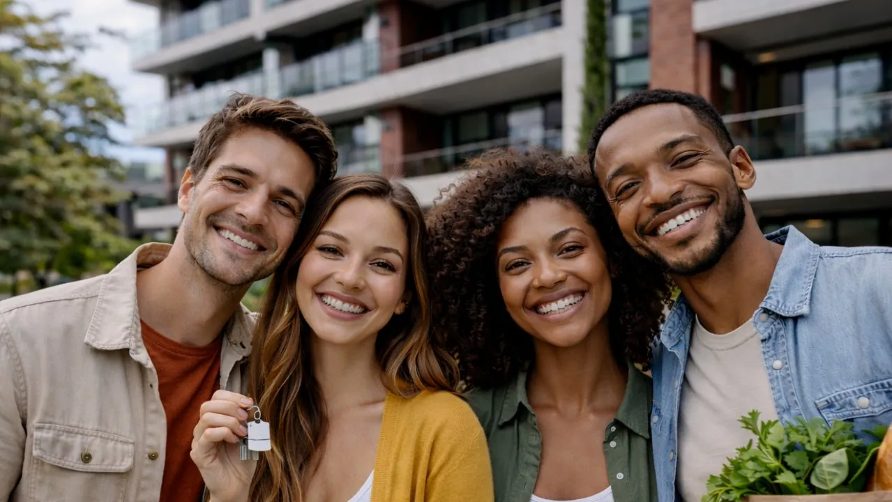 Four smiling residents standing together outside their apartment building, one holding keys